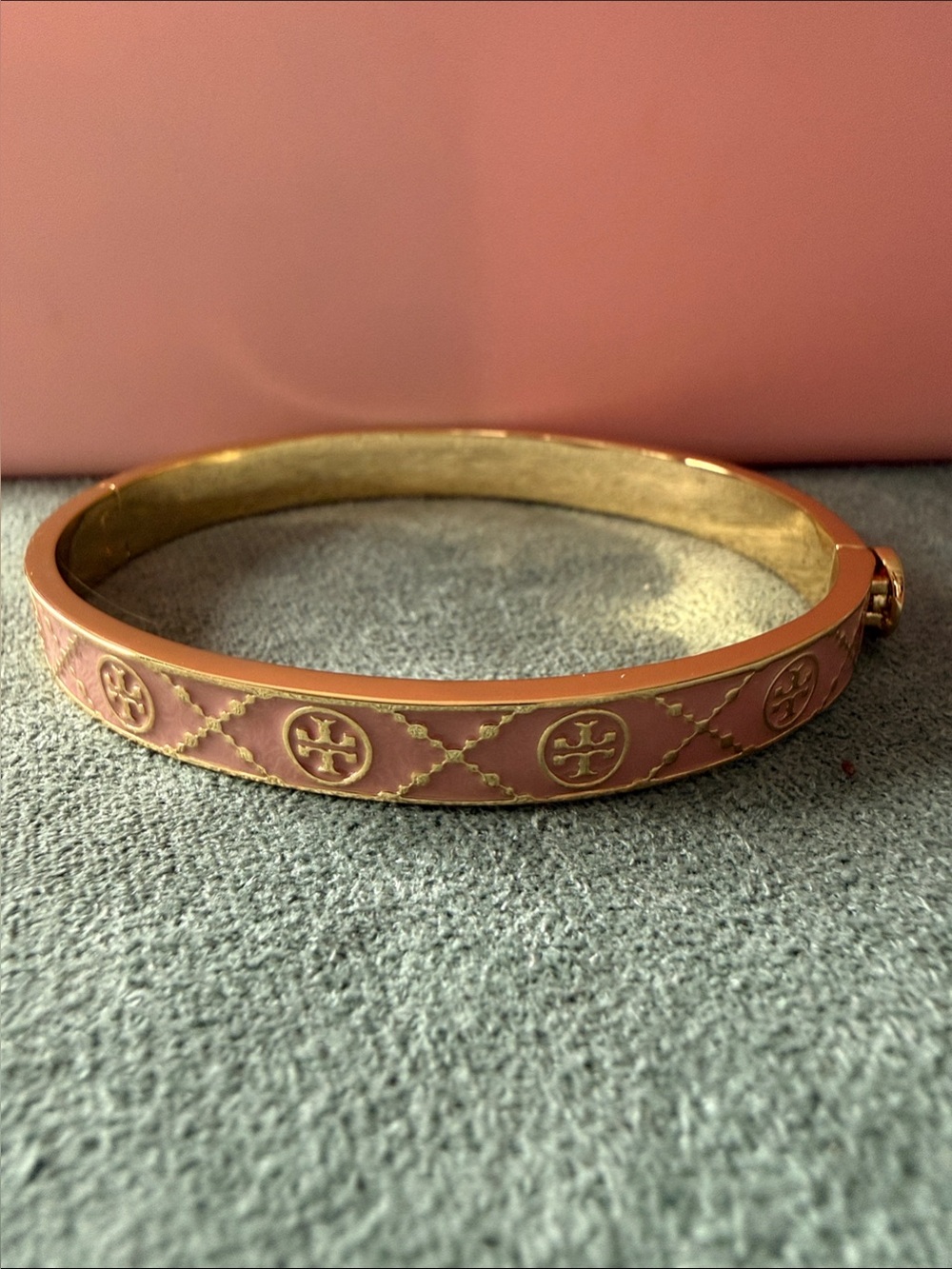 Tory Burch | Gold Plated and Pink Enamel Logo Hinge Bracelet